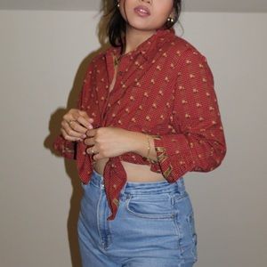 Red w/ Mustard Yellow Roses Button Up